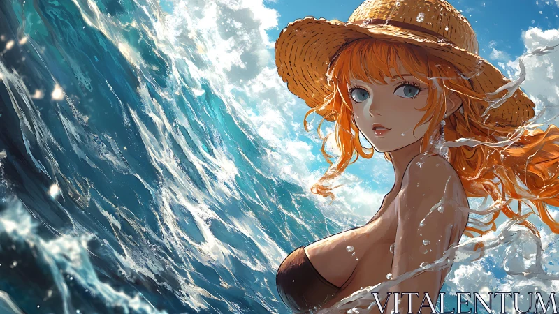 Anime seaside portrait with dynamic ocean wave composition.