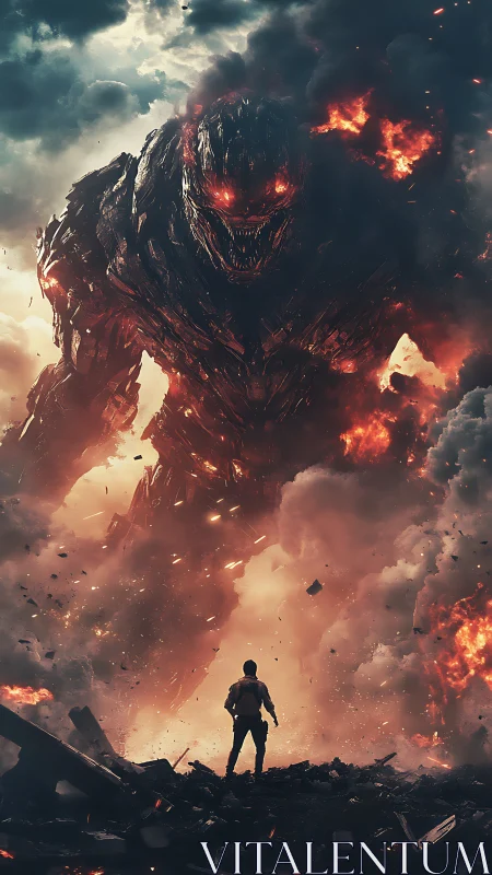 Digital painting of lone soldier vs colossal molten demon.