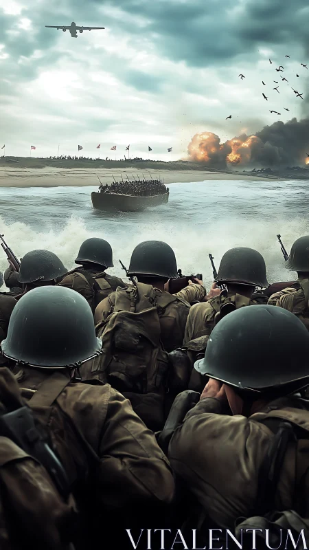 WWII amphibious assault troops storming fortified beachhead