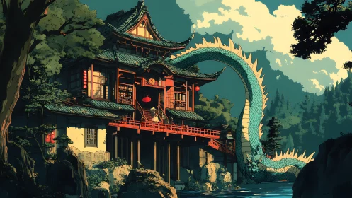 Mythic dragon coils around remote Japanese mountainside temple.