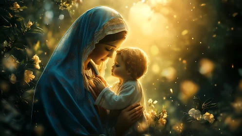 Golden garden embrace between mother and child at dusk.