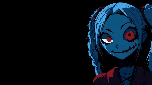 Blue-skinned stitched anime girl in asymmetric horror portrait.