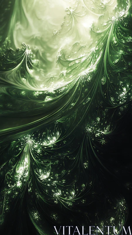 Emerald fractal canopies spill like cascading digital auroras.