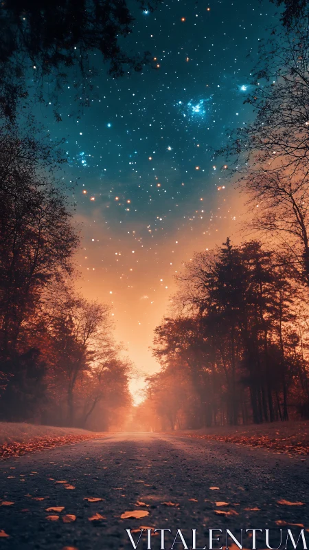 Tree-lined road extends toward dense starfield above horizon