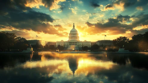 Capitol dome reflected in atmospheric golden hour symmetry.