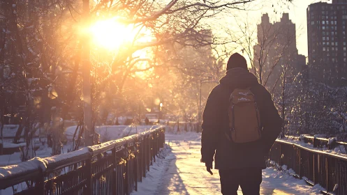 Backlit pedestrian crossing snowy urban bridge at sunrise.