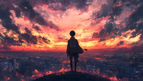 Solitary figure watching a vivid sunset above cityscape.