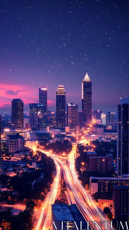 Neon rivers of traffic stitch a violet dream city together