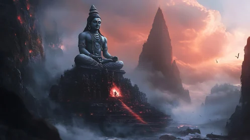 Monumental seated deity overlooks misted volcanic valley