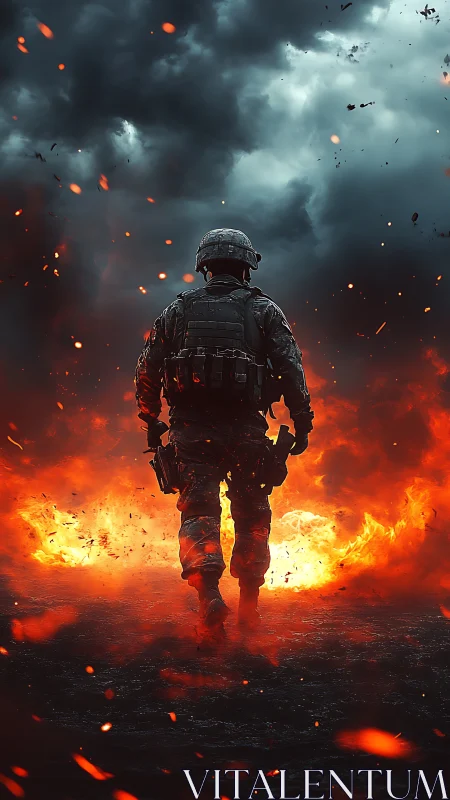 Lone soldier strides through fire beneath apocalyptic skies