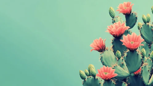 Blooming Cactus Plants with Coral-Pink Flowers Against Mint-Green Background