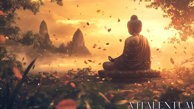 Digital painting of serene Buddha at golden-hour lakeside.