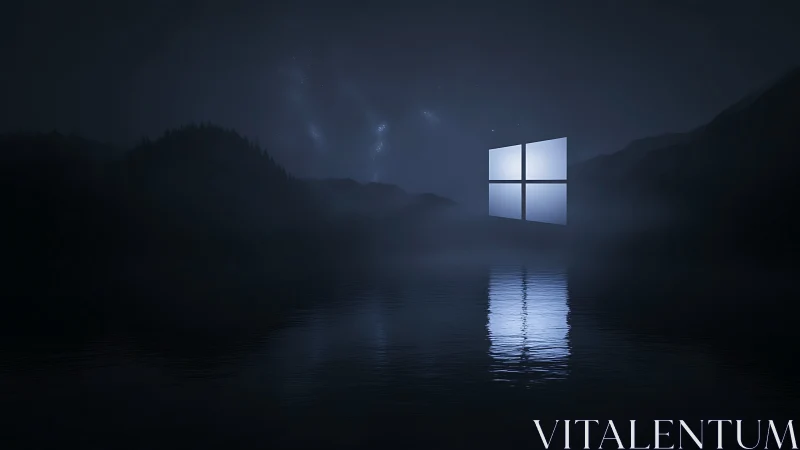 Midnight tech portal hovering above a mist soaked lake.