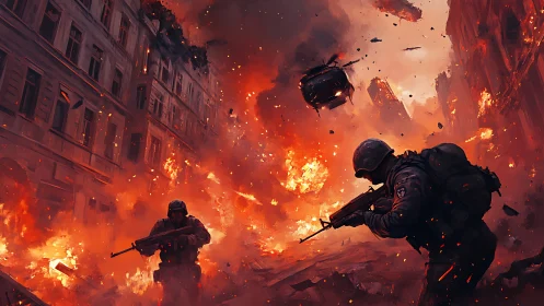 Urban Combat: Soldiers Navigate Fiery Devastation Amid Explosive Chaos.
