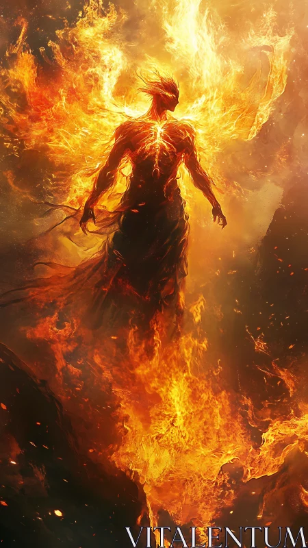 Fiery humanoid figure rising in swirling blazing flames.