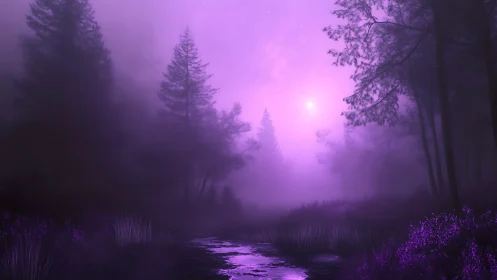 Violet mist covers moonlit forest stream in silent night