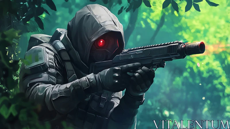 Hooded futuristic soldier aiming rifle in dense jungle.