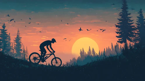 Silhouetted cyclist performing aerial trajectory against astronomical sunset.