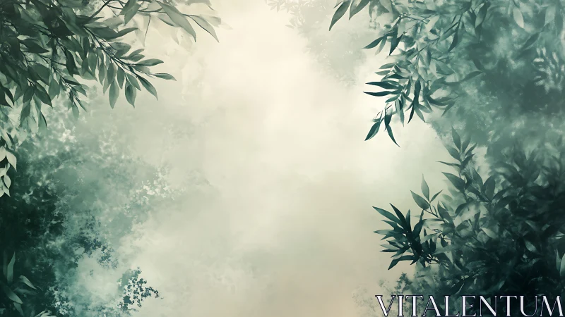 Verdant canopy framing luminous misted forest void.