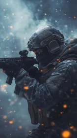 Frostbitten sniper prowls through embers of a steel winter.