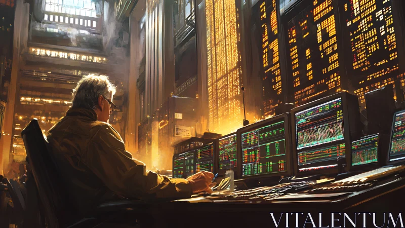 Market maestro conducts glowing data symphony at dusk