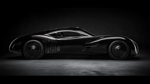 Streamlined black concept coupe in side profile view.