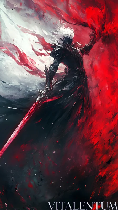 Armored dark warrior with red energy and glowing sword.