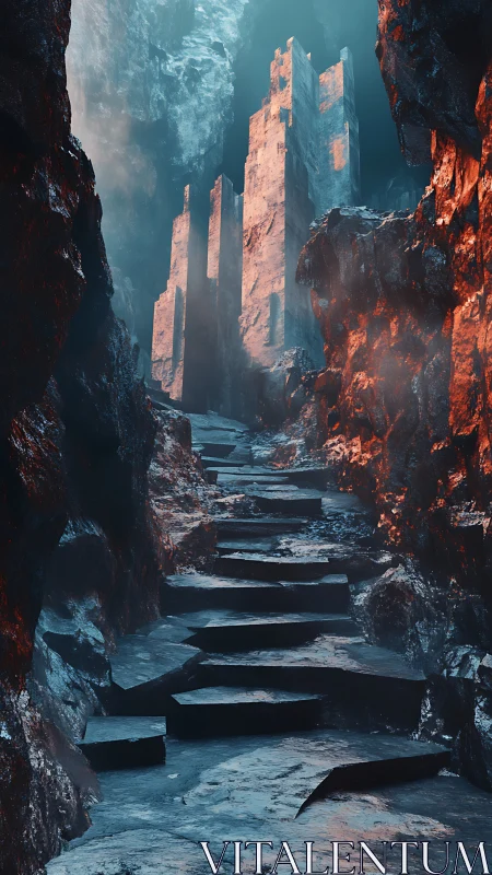 Rocky stone stairway leading to tall ruins in a canyon