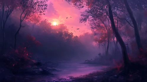 Luminescent Forest Twilight: Digital Landscape with Atmospheric Depth.