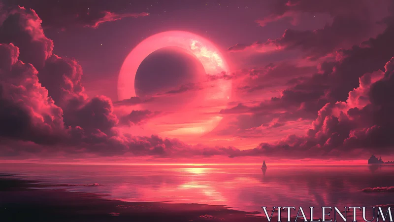 Dreamy pink eclipse over a tranquil, glassy ocean horizon.