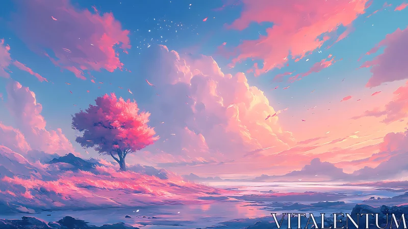 Dreamlike pink tree under vast glowing sunset clouds.