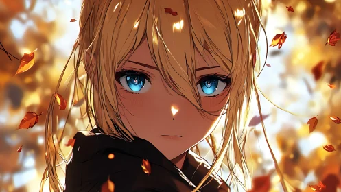 Autumn-lit anime portrait with high-contrast bokeh dynamics.