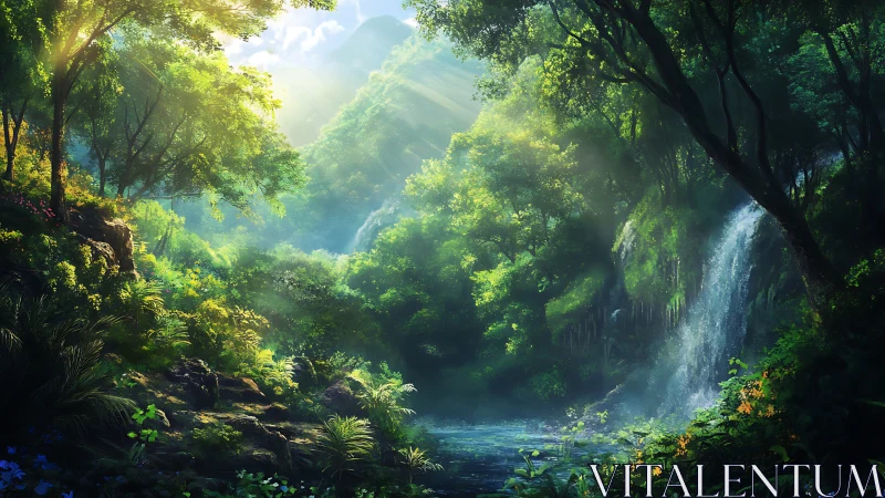 Temperate Canyon Waterfall Landscape with Atmospheric Volumetric Lighting Effects