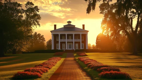 Photorealistic neoclassical mansion in golden hour symmetry.
