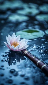 Rain-drunk lotus cradling a quiet wooden flute dream.