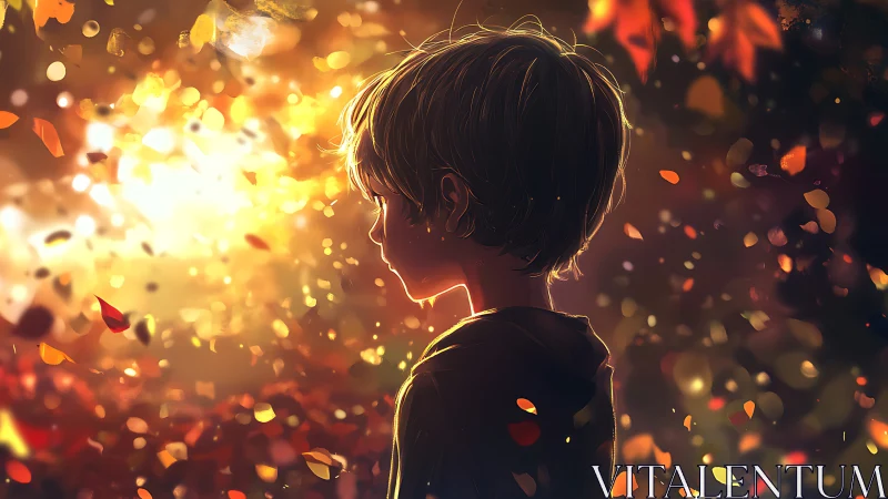Backlit child in autumn bokeh, cinematic digital painting profile.
