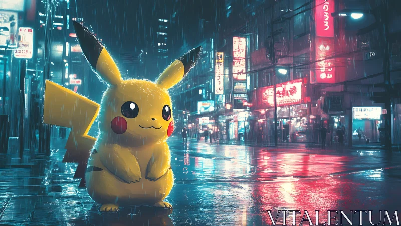 Neon city rain with a glowing electric friend at dusk.