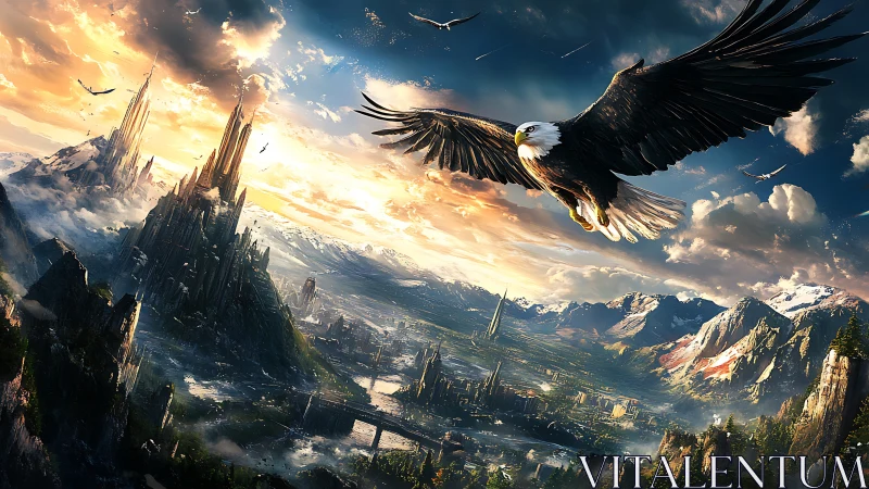 Majestic eagle soars above a luminous fantasy mountain city