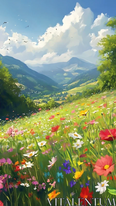 Mountain valley landscape with wildflower meadow foreground.