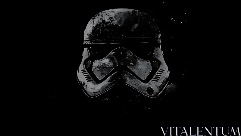 Weathered sci‑fi helmet portrait in stark monochrome darkness.