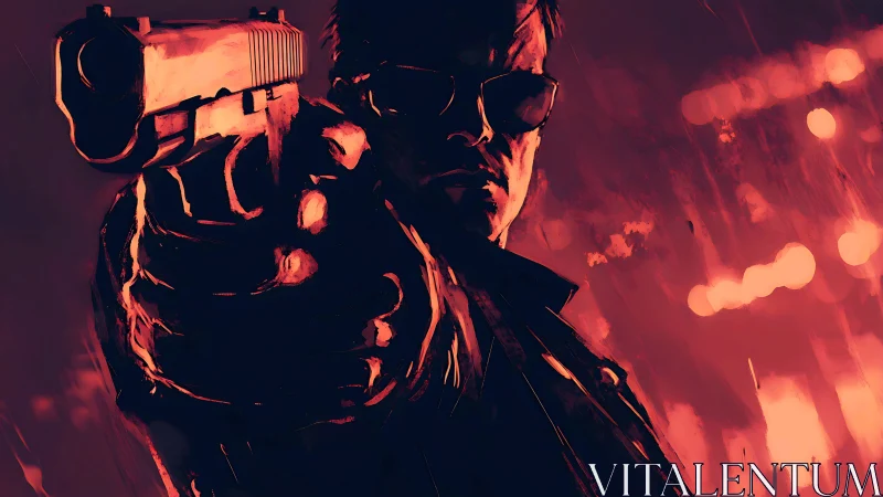 Midnight enforcer framed in neon blaze and burning rain.