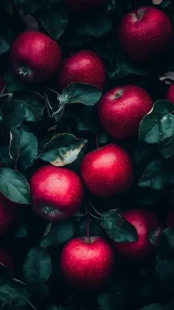 Deep red apples clustered among dark orchard leaves.