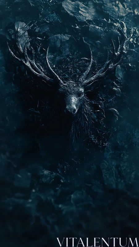 Nocturnal stag relief emerging from lithic abyssal field.