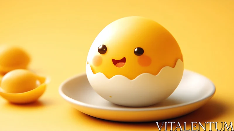 Kawaii yellow egg character in cracked shell on white plate