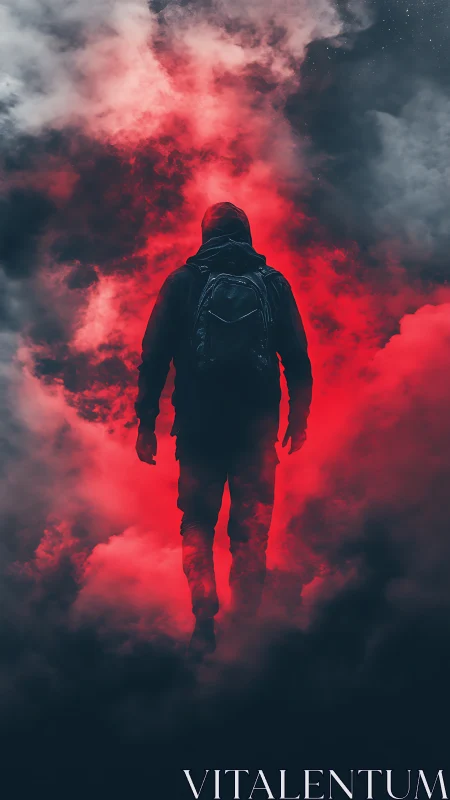 Wanderer in crimson fog stepping into the unknown night.