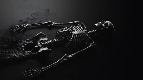 Chromed human skeleton dissolving into shadowed black substrate.