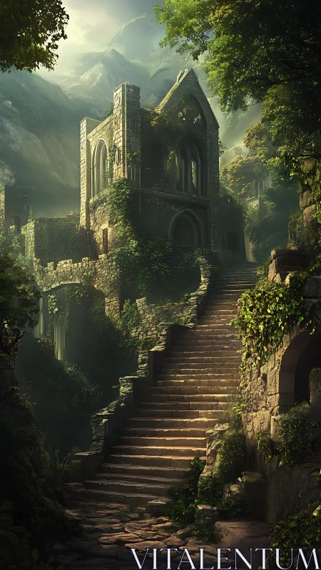 Terraced stone ruin in misted forested mountain basin.