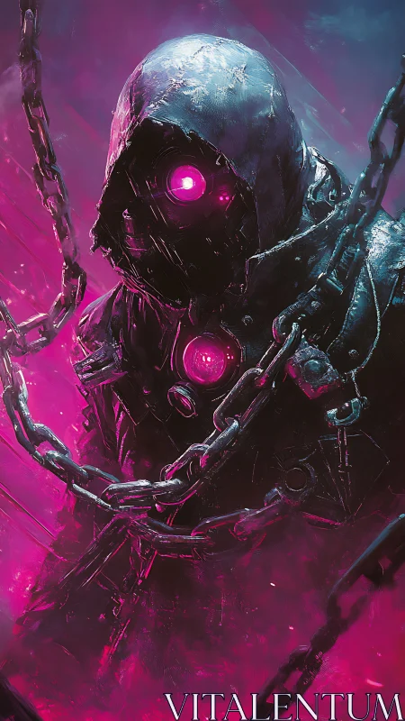 Neon Warden in Chains stalks the magenta cyber-fog.