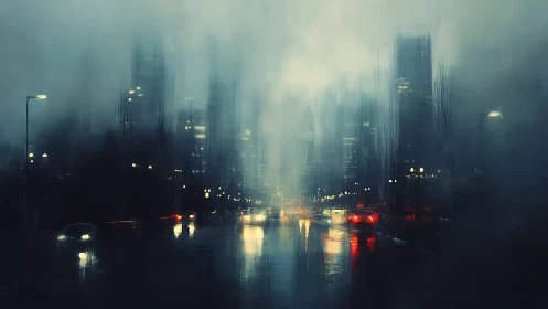 Rain-soaked urban street with diffuse headlights at night.