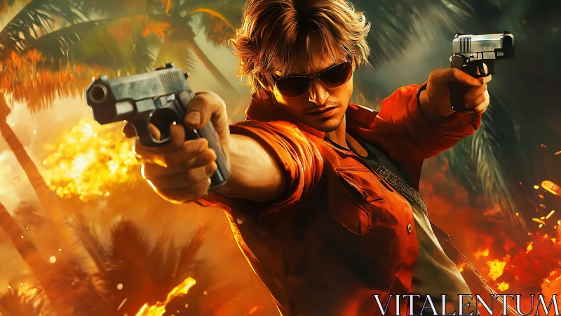 Sunburned gunslinger dives through tropical firestorm chaos.